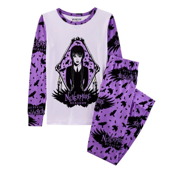 NWT Wednesday Girls Adams Family 2-pc Tight Fit Pajama Set 90311228 Purple 4 - Picture 1 of 9